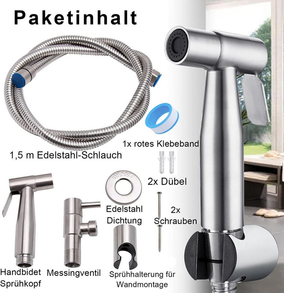 Fyrove Bidetarmatur Bidet Set - WC Brause für Intimdusche (Set, Brause mit Brauseschlauch, Halterung, 2 Dichtungen und Montagematerial, Handbrause, Schlauch, Halter rostfreier Edelstahl - inkl. 2 Dichtungen) Bild 4