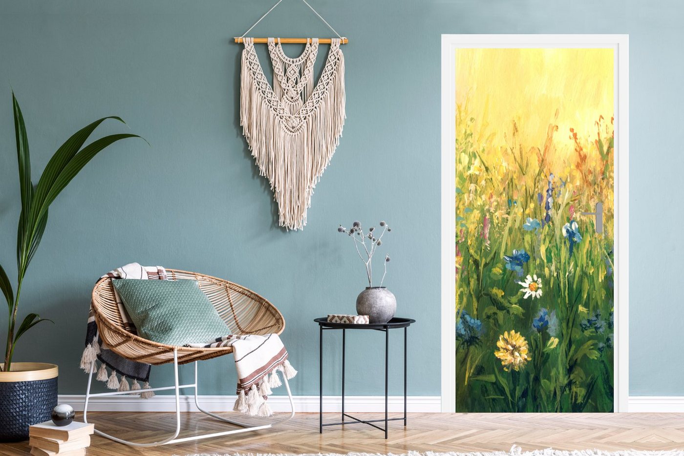 MuchoWow Türtapete Blumen - Aquarell - Sonne, Matt, bedruckt, (1 St), Selbstklebende Tapete, Folie für Möbel, 75x205 cm