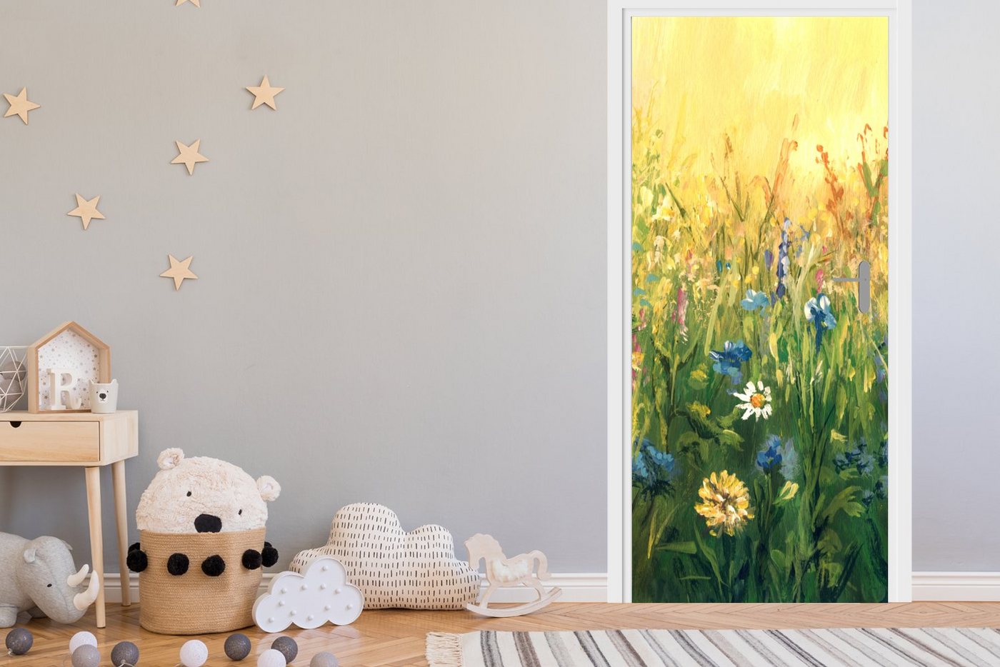 MuchoWow Türtapete Blumen - Aquarell - Sonne, Matt, bedruckt, (1 St), Selbstklebende Tapete, Folie für Möbel, 75x205 cm Bild 2