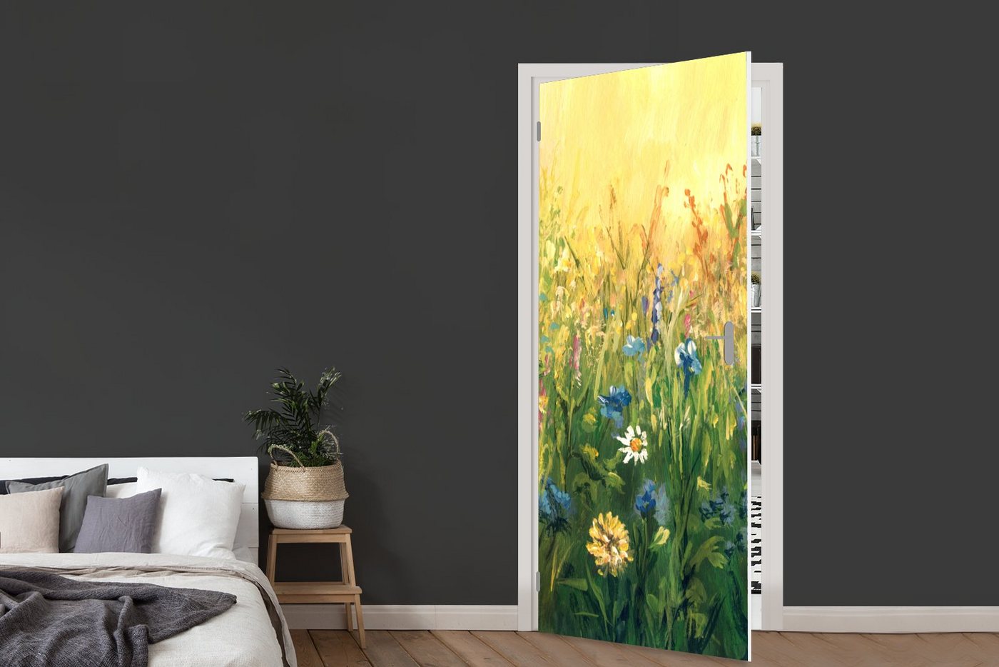 MuchoWow Türtapete Blumen - Aquarell - Sonne, Matt, bedruckt, (1 St), Selbstklebende Tapete, Folie für Möbel, 75x205 cm Bild 3