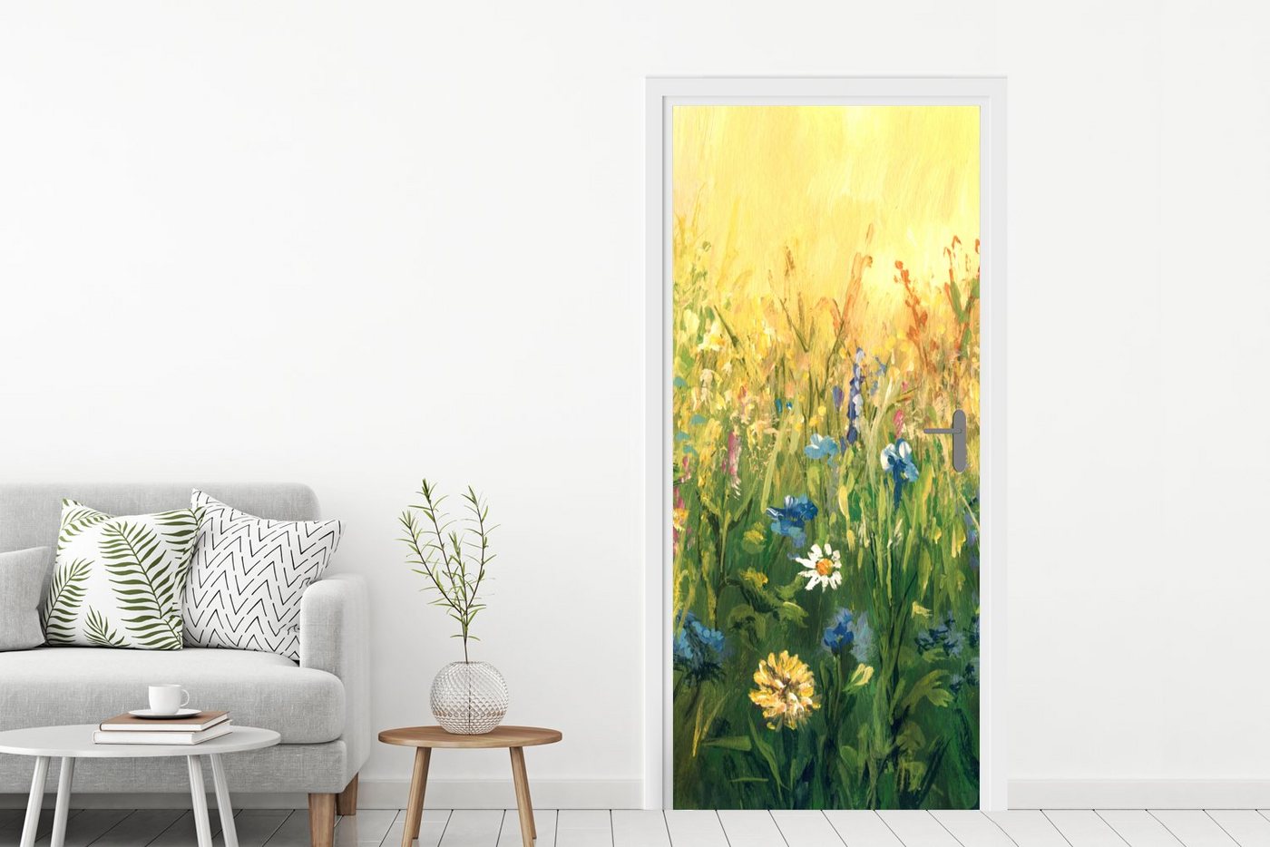 MuchoWow Türtapete Blumen - Aquarell - Sonne, Matt, bedruckt, (1 St), Selbstklebende Tapete, Folie für Möbel, 75x205 cm Bild 5