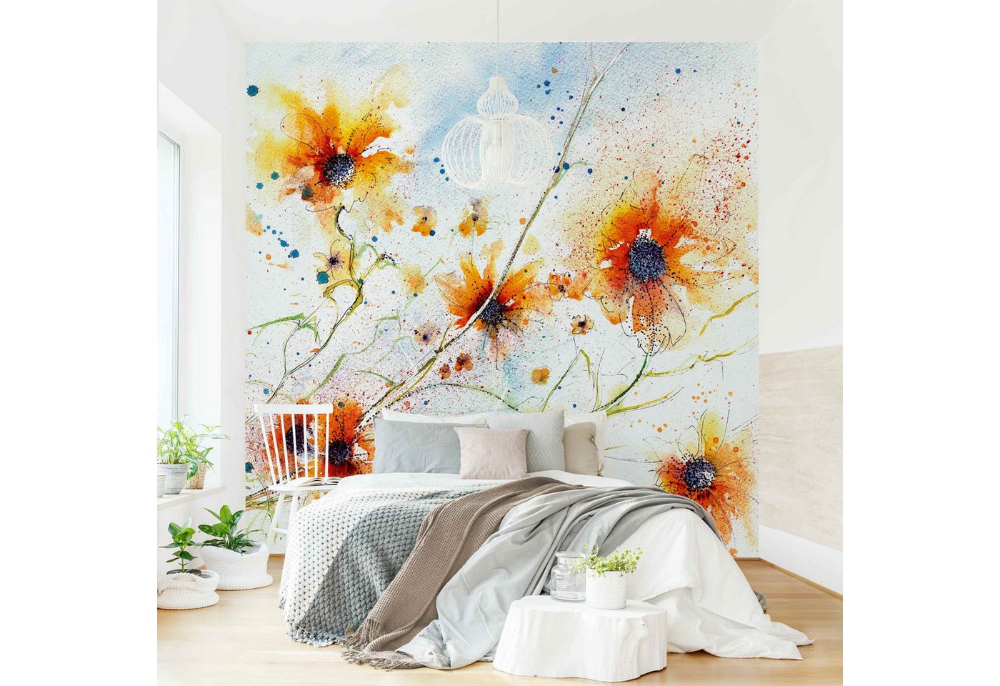 Bilderdepot24 Fototapete Sonnenblumen Painted Flowers Floral Blumen Natur Wanddeko Gelb, Glatt, Matt, (Vliestapete inkl. Kleister oder selbstklebend), Wohnzimmer Schlafzimmer Küche Flur Motivtapete Vliestapete Wandtapete