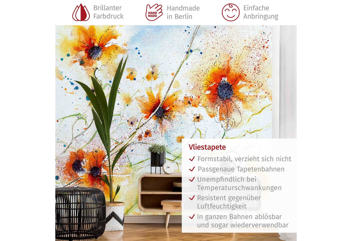 Bilderdepot24 Fototapete Sonnenblumen Painted Flowers Floral Blumen Natur Wanddeko Gelb, Glatt, Matt, (Vliestapete inkl. Kleister oder selbstklebend), Wohnzimmer Schlafzimmer Küche Flur Motivtapete Vliestapete Wandtapete Bild 3