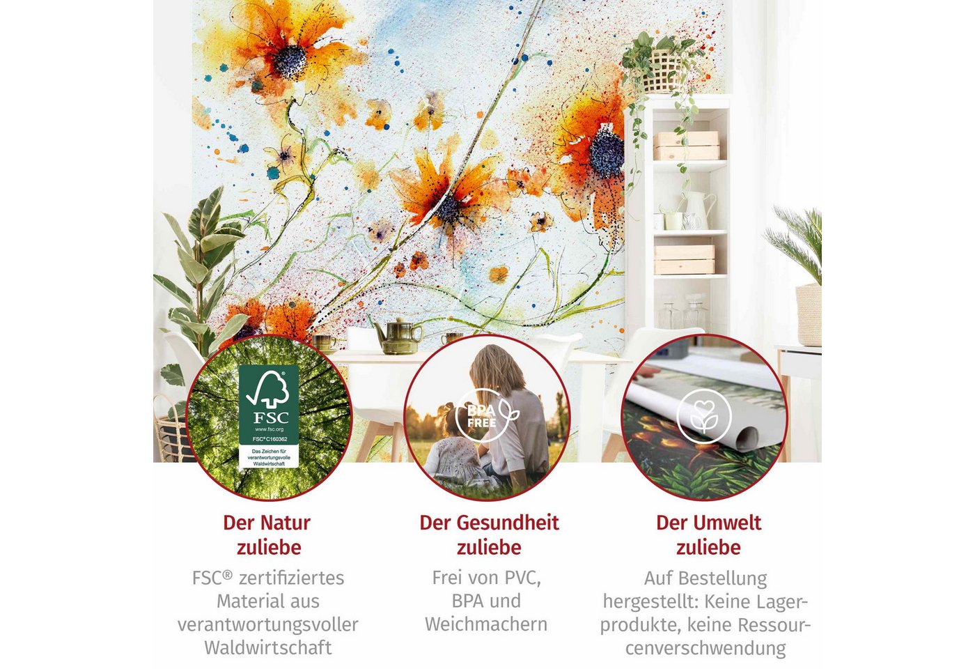 Bilderdepot24 Fototapete Sonnenblumen Painted Flowers Floral Blumen Natur Wanddeko Gelb, Glatt, Matt, (Vliestapete inkl. Kleister oder selbstklebend), Wohnzimmer Schlafzimmer Küche Flur Motivtapete Vliestapete Wandtapete Bild 4