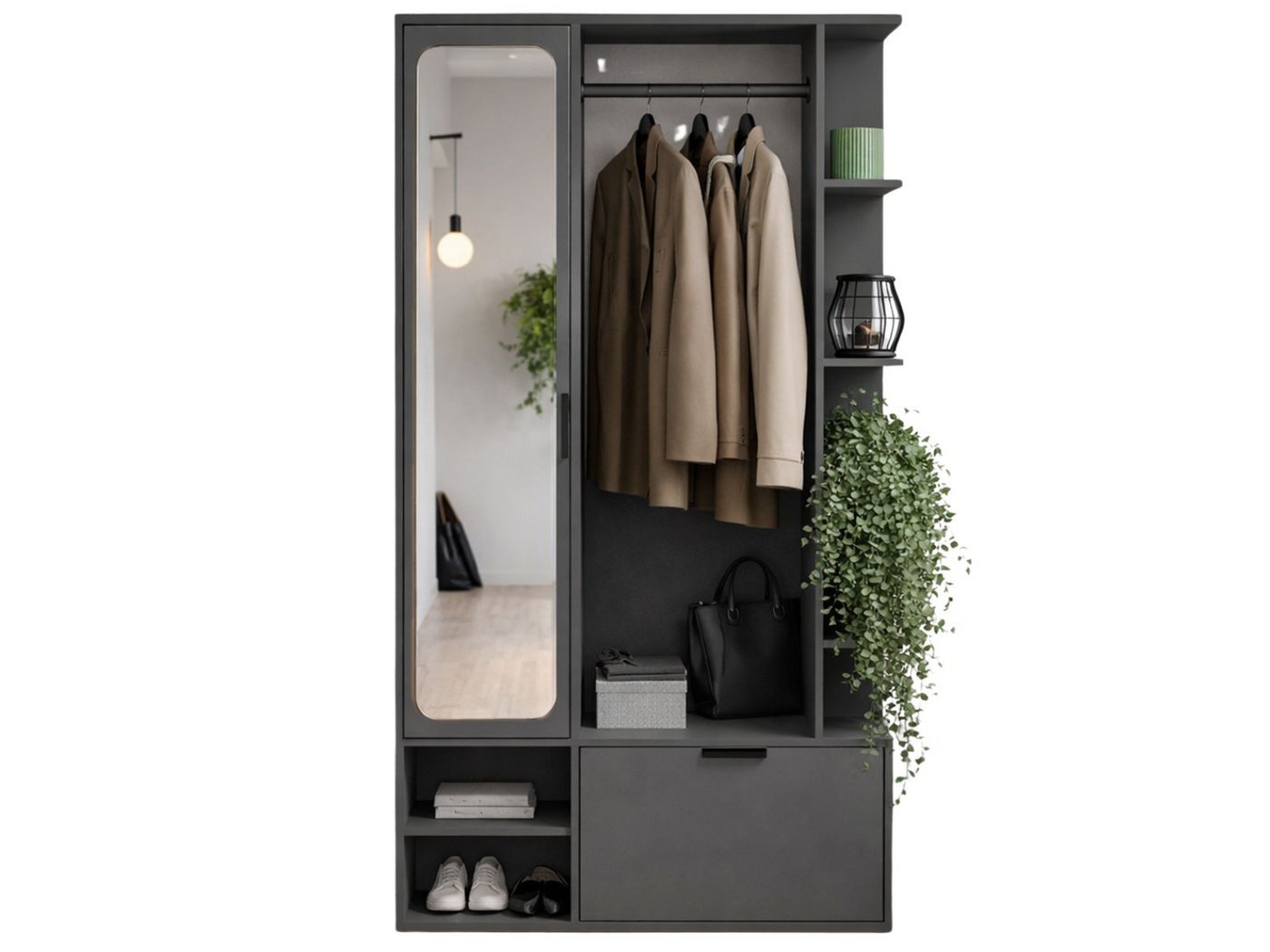 Compleo Garderobenschrank mit Spiegel und mit Kleiderstange ALIS, Verschiedene Farben Flurschrank mit viel Stauraum, Kleiderschrank mit Spiegel