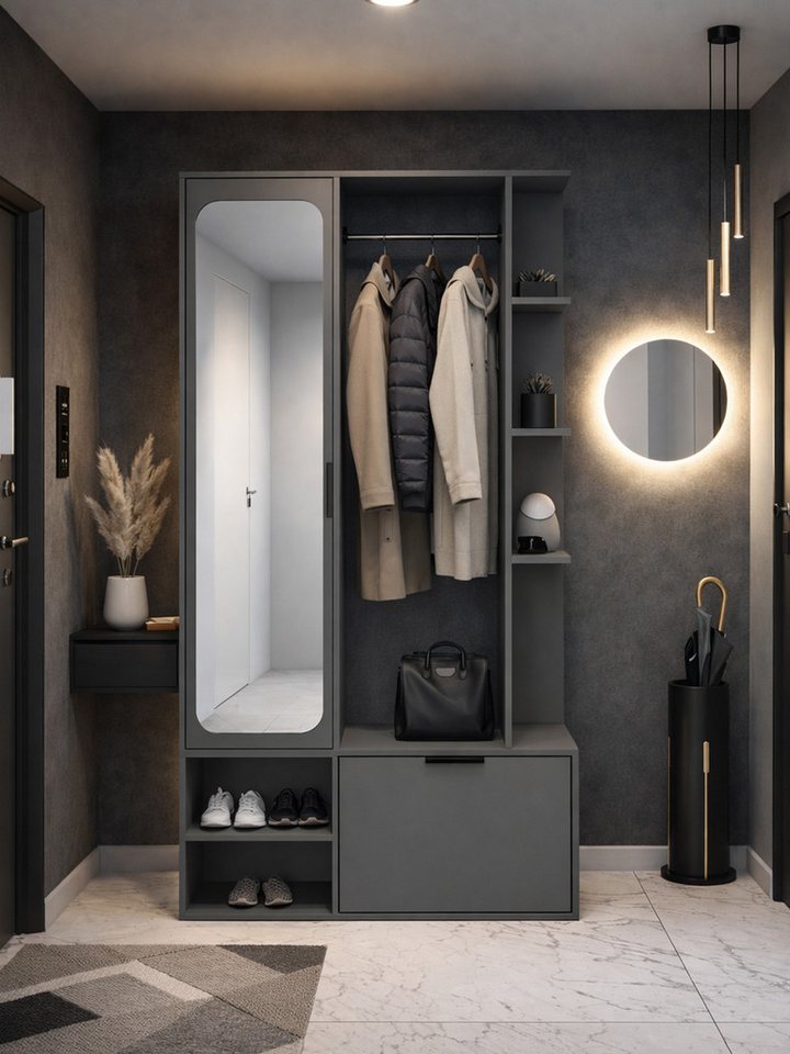 Compleo Garderobenschrank mit Spiegel und mit Kleiderstange ALIS, Verschiedene Farben Flurschrank mit viel Stauraum, Kleiderschrank mit Spiegel Bild 3