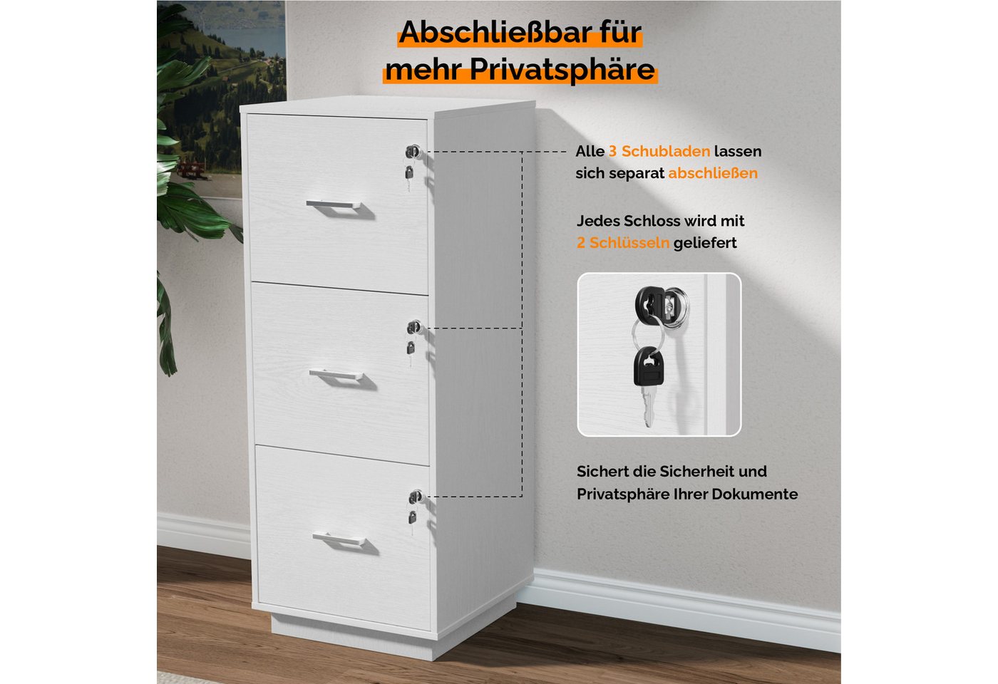 VINGLI Aktenschrank mit 3 Schubladen, Büroschrank abschließbar, 39x39x98 cm verstellbare Hängestange für A4 und Letter, Druckerständer Holz