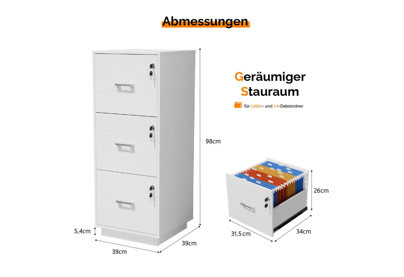 VINGLI Aktenschrank mit 3 Schubladen, Büroschrank abschließbar, 39x39x98 cm verstellbare Hängestange für A4 und Letter, Druckerständer Holz Bild 4