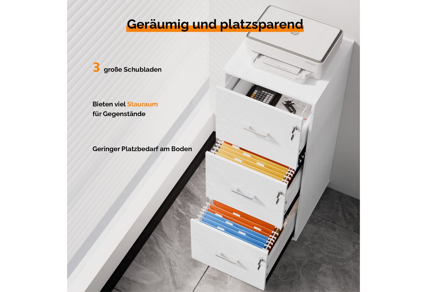VINGLI Aktenschrank mit 3 Schubladen, Büroschrank abschließbar, 39x39x98 cm verstellbare Hängestange für A4 und Letter, Druckerständer Holz Bild 5