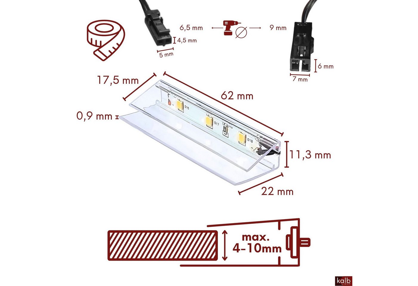 kalb LED Glaskantenbeleuchtung LED Glaskantenbeleuchtung Clip Set 3000K/5000K Transparent Plug & Play, 6er Set warmweiß Bild 2