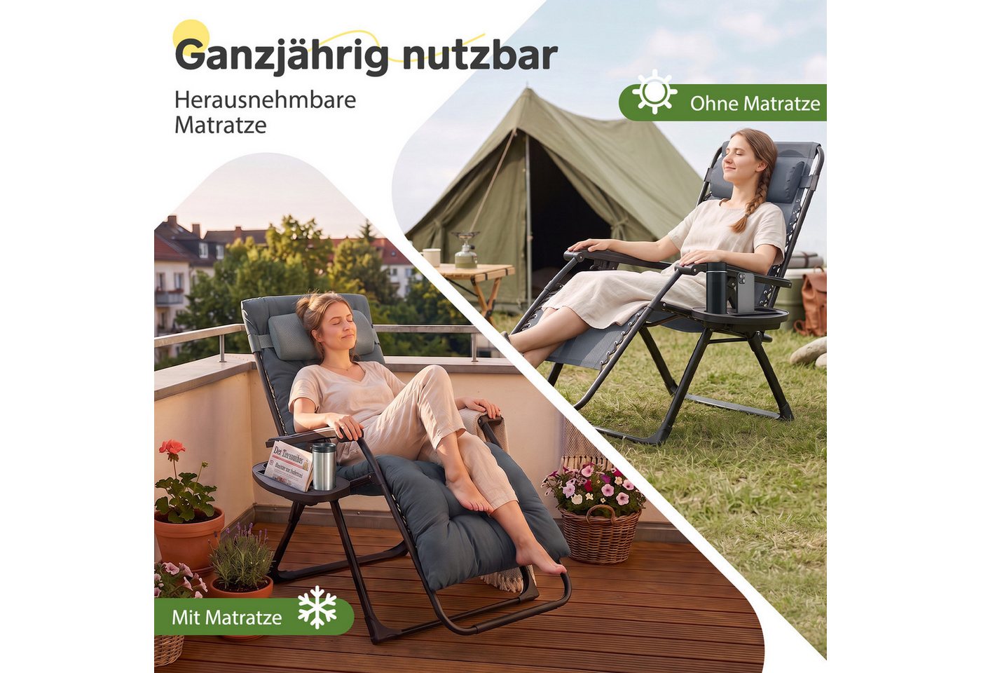 Sekey Gartenliege Sonnenliege Klappbar Gepolstert Liegestuhl mit Auflage Getränkehalter, 3-stufig verstellbar, XXL Campingstuhl, 74 cm breite Liegefläche Bild 4