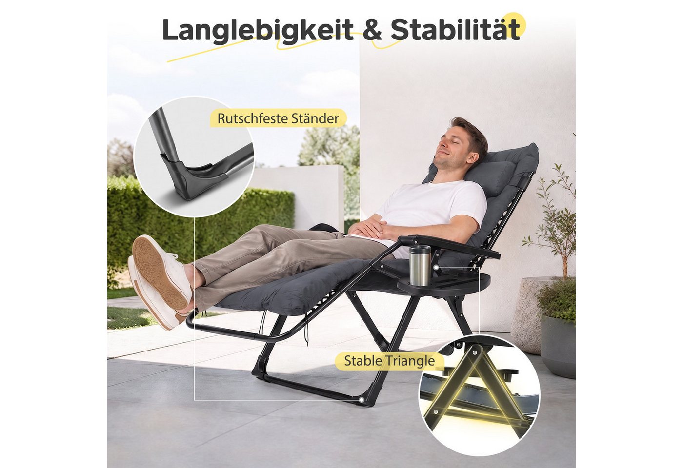 Sekey Gartenliege Sonnenliege Klappbar Gepolstert Liegestuhl mit Auflage Getränkehalter, 3-stufig verstellbar, XXL Campingstuhl, 74 cm breite Liegefläche Bild 5