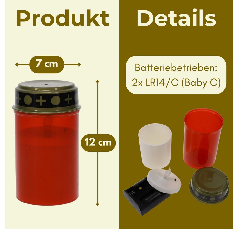 GarPet LED-Kerze 2er Grablichter LED Batteriebetrieben Set Grabkerzen LED Flackernd Rot
