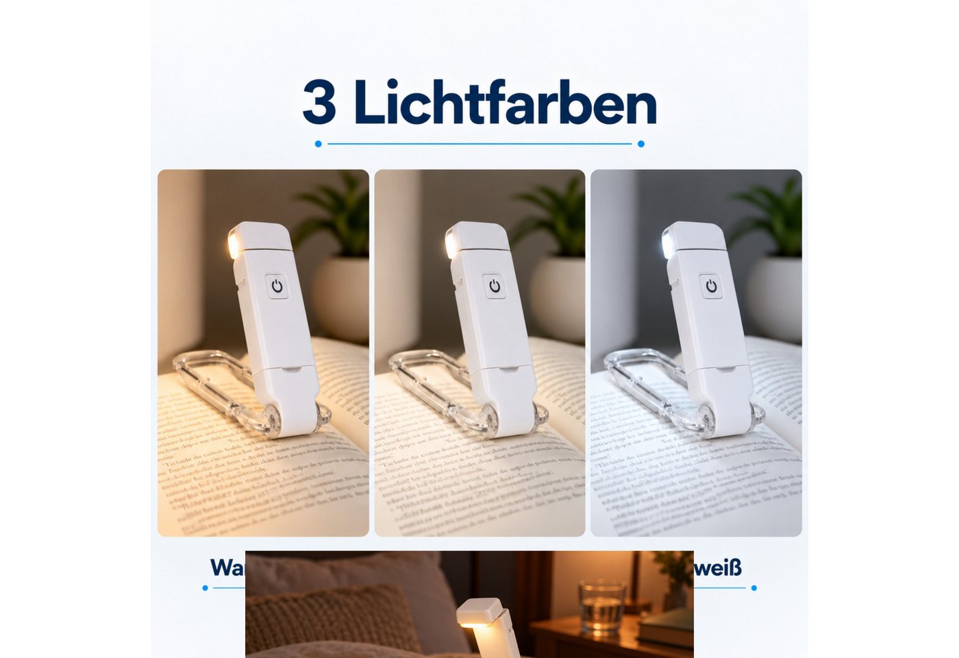 PlugUp LED Leselampe Leselampe zum Klemmen, 3 Helligkeitsstufen, USB-aufladbar, Drehbare Klemmleuchte, LED fest integriert, Warmweiß, LED-Leselampe zum Klemmen mit 3 Helligkeitsstufen Bild 3