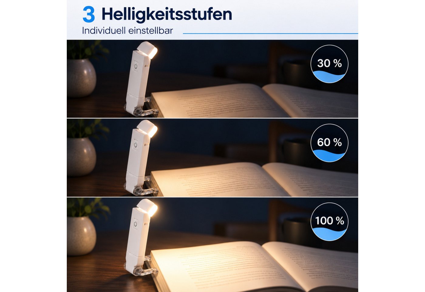PlugUp LED Leselampe Leselampe zum Klemmen, 3 Helligkeitsstufen, USB-aufladbar, Drehbare Klemmleuchte, LED fest integriert, Warmweiß, LED-Leselampe zum Klemmen mit 3 Helligkeitsstufen Bild 4
