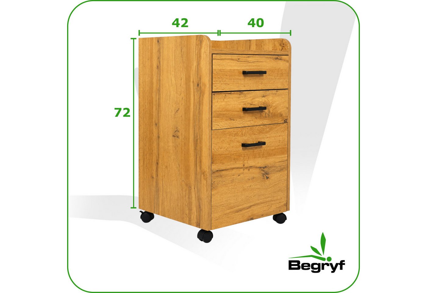 BEGRYF Rollcontainer Eichefarben 40 x 42 x 72 cm, mit 3 Schubladen, auf Rollen Bild 5