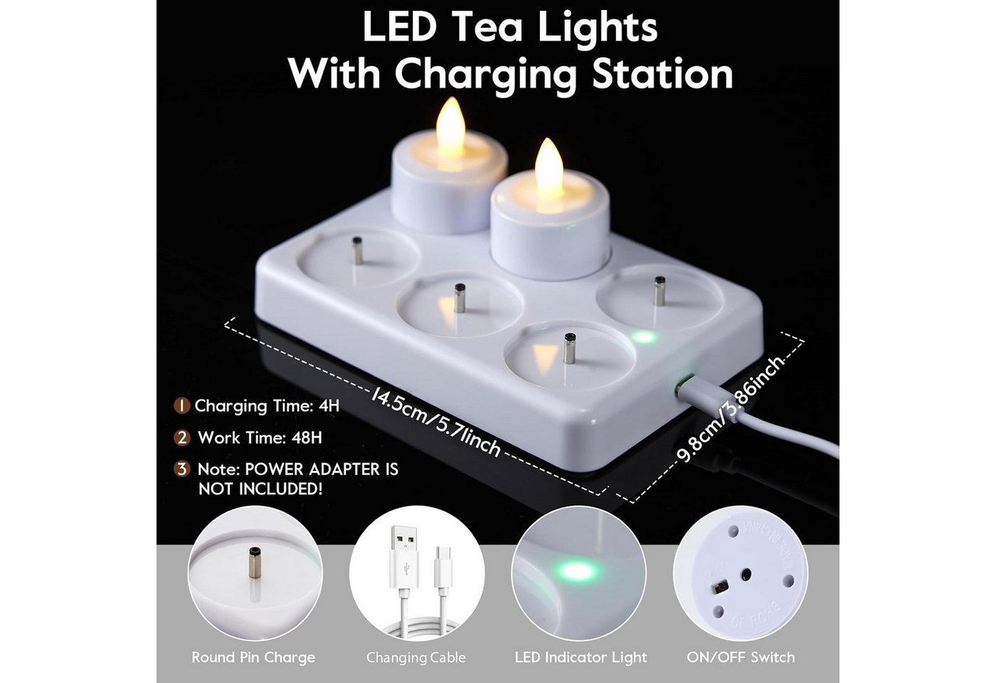 EXTSUD LED-Kerze LED Teelichter Aufladbar 6er Set mit Ladestation, Flackernde, Warmweiß Bild 5