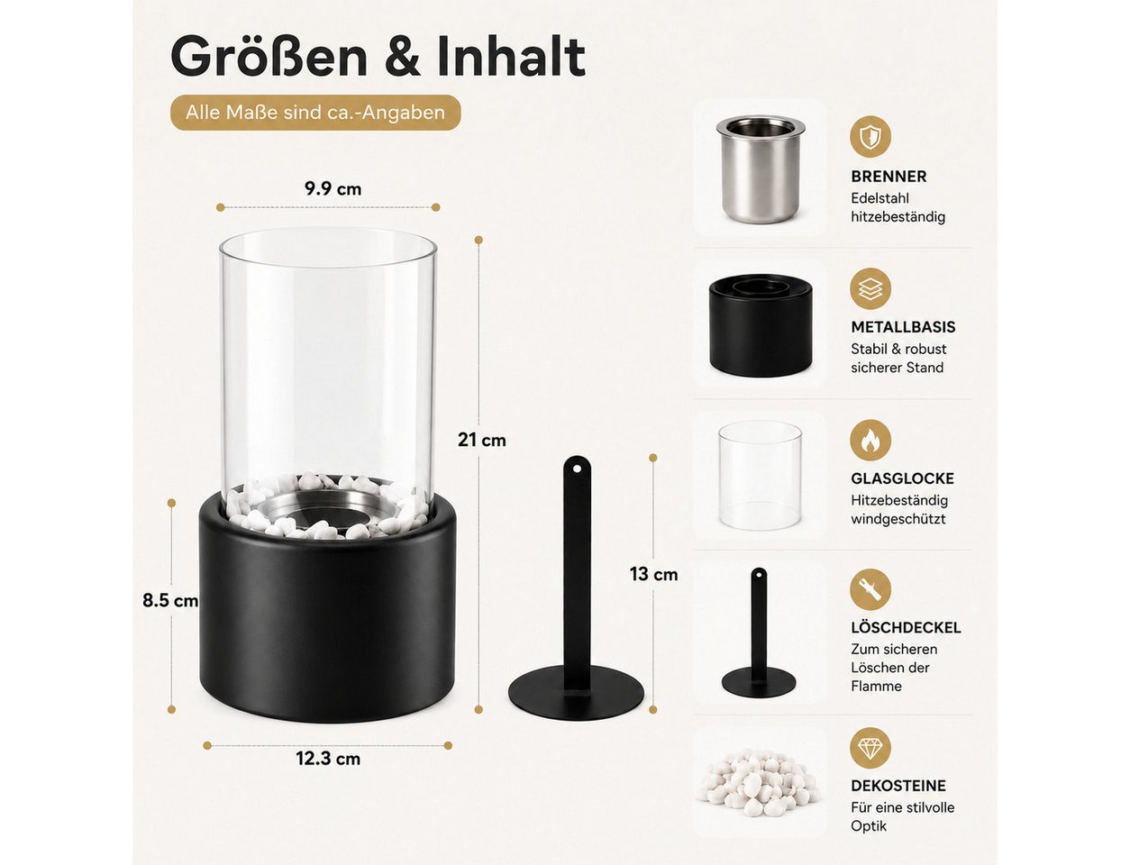 ZMH Tischfeuer Indoor Outdoor Tischkamin Ethanol Dekokamin Set Glas Edelstahl, Mit dekorativen Kieselsteinen, geeignet für drinnen und draußen