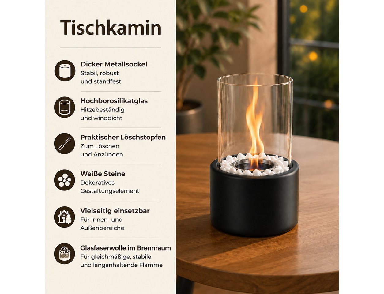 ZMH Tischfeuer Indoor Outdoor Tischkamin Ethanol Dekokamin Set Glas Edelstahl, Mit dekorativen Kieselsteinen, geeignet für drinnen und draußen Bild 2