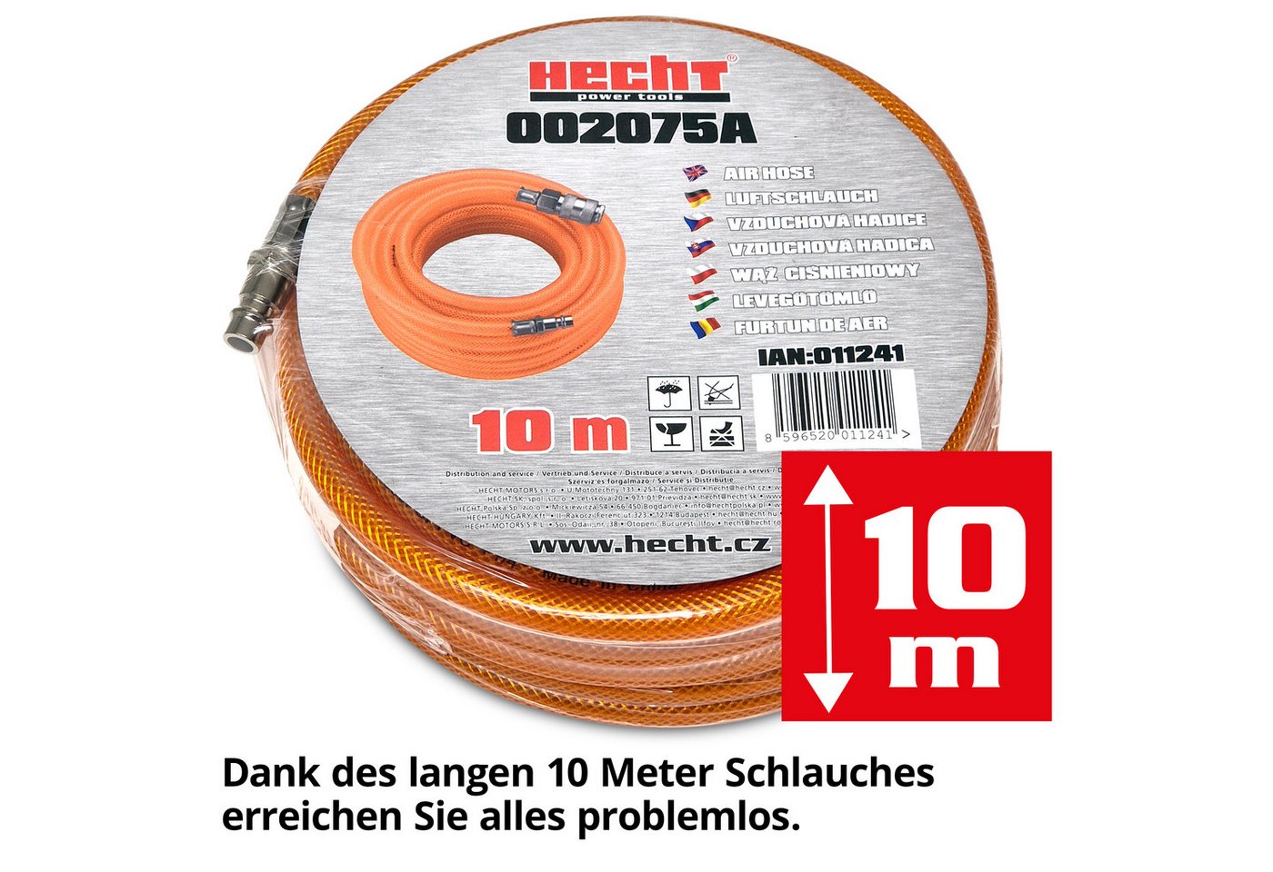 Hecht Druckluftschlauch 002075A Druckluftschlauch 10 m Kompressor, gewebeverstärkt EURO-Kupplung