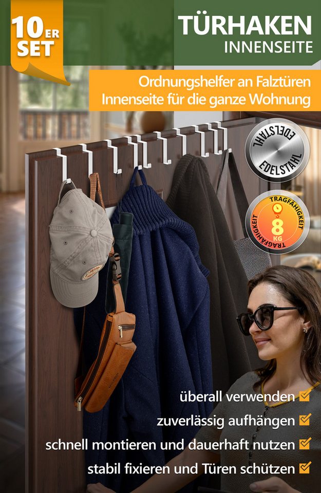 Lindenstein Türhaken Edelstahl Türhaken, Türen, (Packung, 10-St., 10), ohne Bohren,Stabil,langlebig,rostbeständig,verformungsresistent Bild 4
