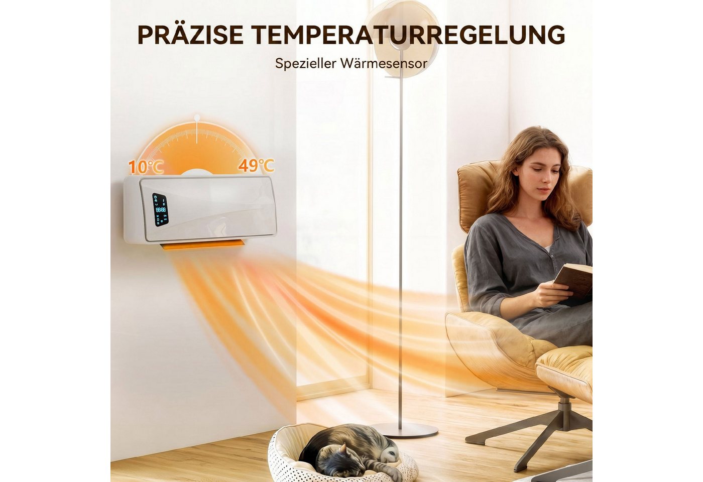 Blossom Heizlüfter Wand Heizlüfter 2000 W, Keramik Heizgerät, 3 Modi, LED-Display, Timer, 2000 W, Keramikheizlüfter Keramik-Wandheizgerät für Schlafzimmer Wohnzimmer