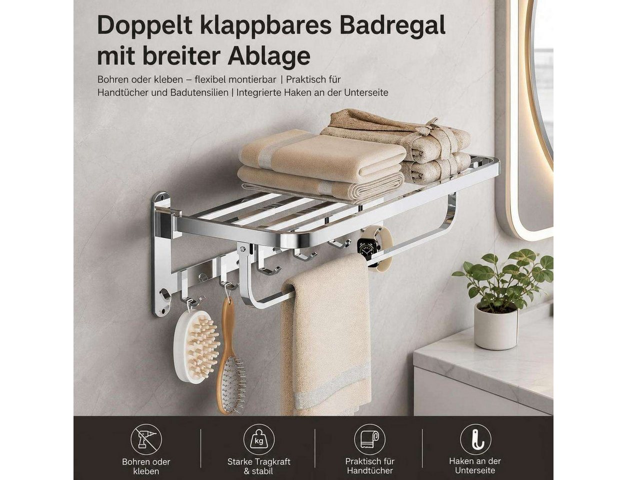 BBG Handtuchständer Klappbarer Handtuchhalter aus Edelstahl, 58 cm, 2-fach klappbar, mit Ablage und 6 Haken, platzsparender Wandhalter
