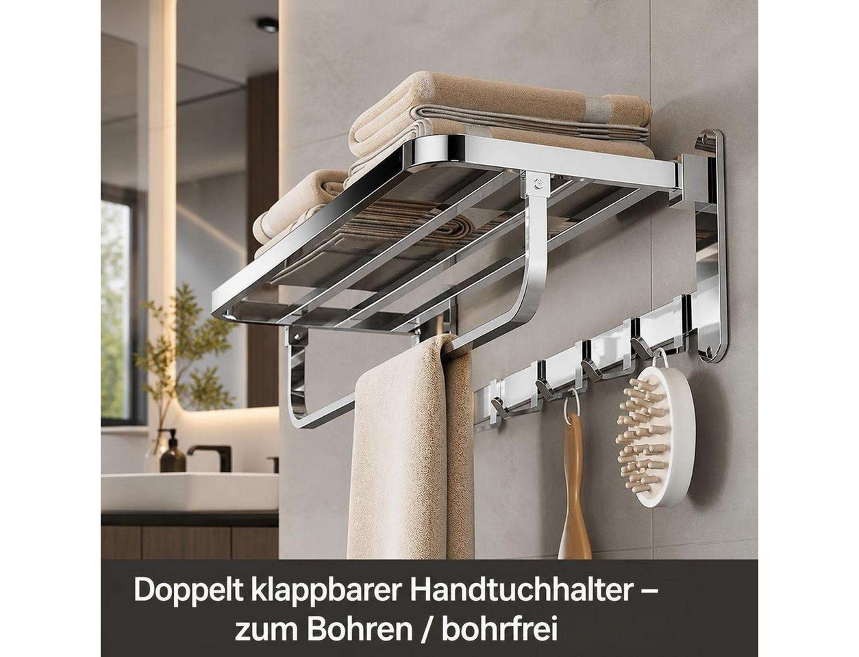 BBG Handtuchständer Klappbarer Handtuchhalter aus Edelstahl, 58 cm, 2-fach klappbar, mit Ablage und 6 Haken, platzsparender Wandhalter Bild 4