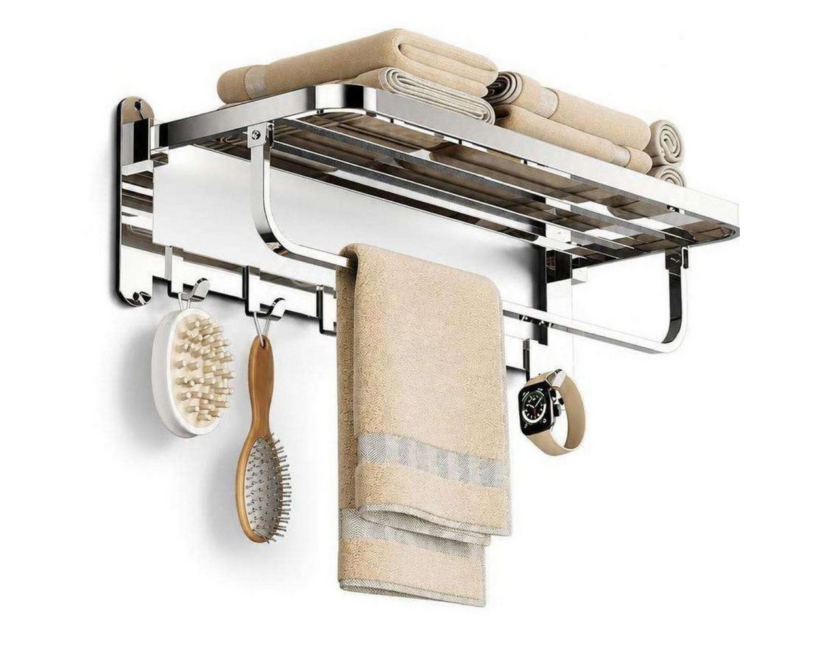 BBG Handtuchständer Klappbarer Handtuchhalter aus Edelstahl, 58 cm, 2-fach klappbar, mit Ablage und 6 Haken, platzsparender Wandhalter Bild 5