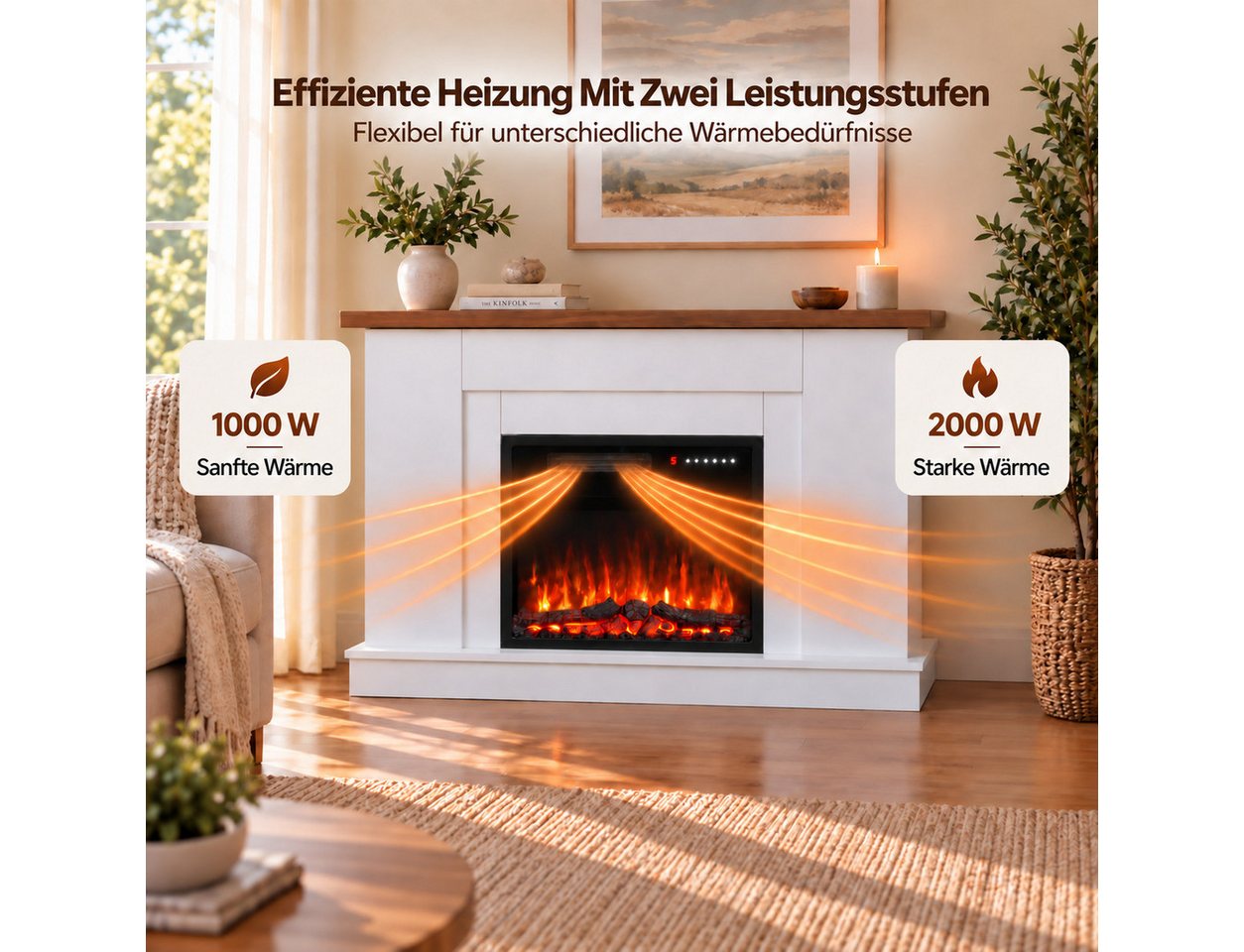 HOMAVO Elektrokamin mit Schrank, 23", 1000/2000W Heizung, 3D-Flammeneffekt, Schrankgröße: 139.5 × 37.5 × 21 cm, Timer und Fernbedienung Bild 2