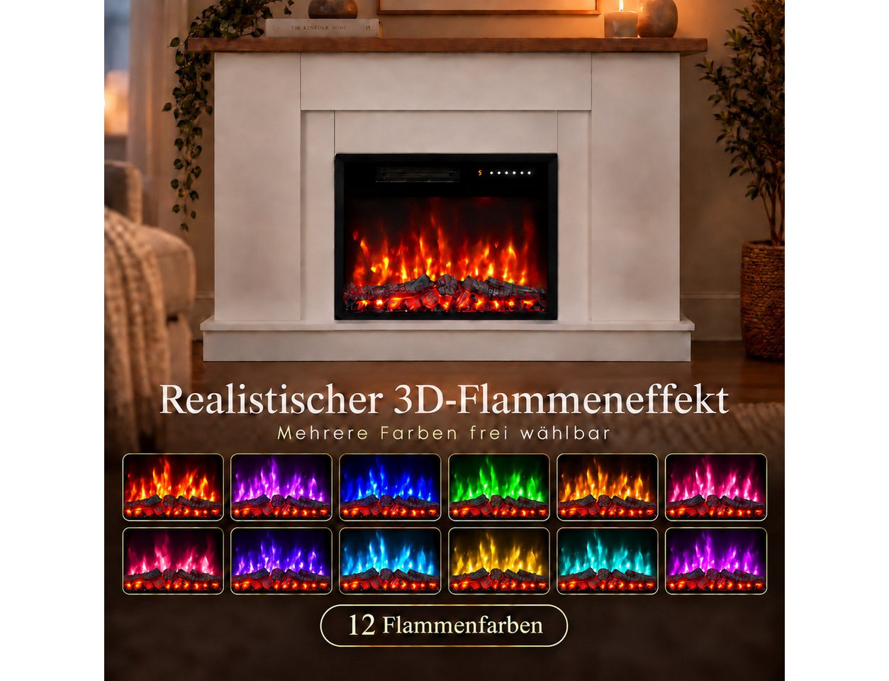 HOMAVO Elektrokamin mit Schrank, 23", 1000/2000W Heizung, 3D-Flammeneffekt, Schrankgröße: 139.5 × 37.5 × 21 cm, Timer und Fernbedienung Bild 3