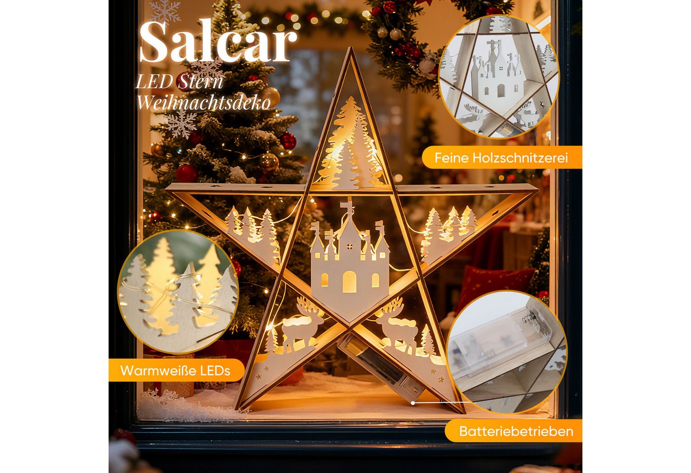 Salcar LED-Lichterkette LED Stern Weihnachten Deko Licht Weihnachtsbeleuchtung Warmweiß, 30cm für Tisch & Fenster, festliche Sternen-Deko Bild 5