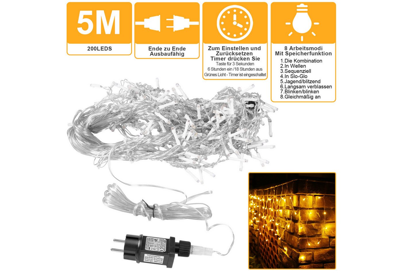 SERBASIC Lichterkette LED Eisregen Lichterkette, Erweiterbare Lichtervorhang mit Timer, 5M/10M/15M, Timer, 8 Modi, für Weihnachtsdeko Traufe Garten Balkon Bild 3
