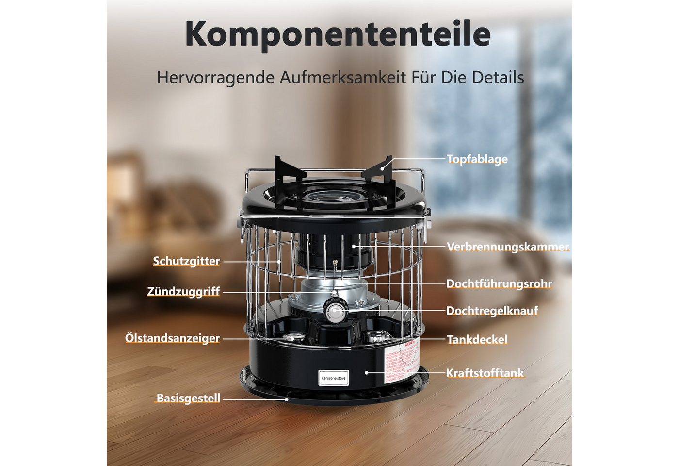 GLIESE Petroleumheizung Brennstoffbetriebener Raumheizkörper R95, Tragbar Campingkocher, 2600W 5L Tank für 12,5h Heizdauer, für Camping, Garten, Notfallheizung
