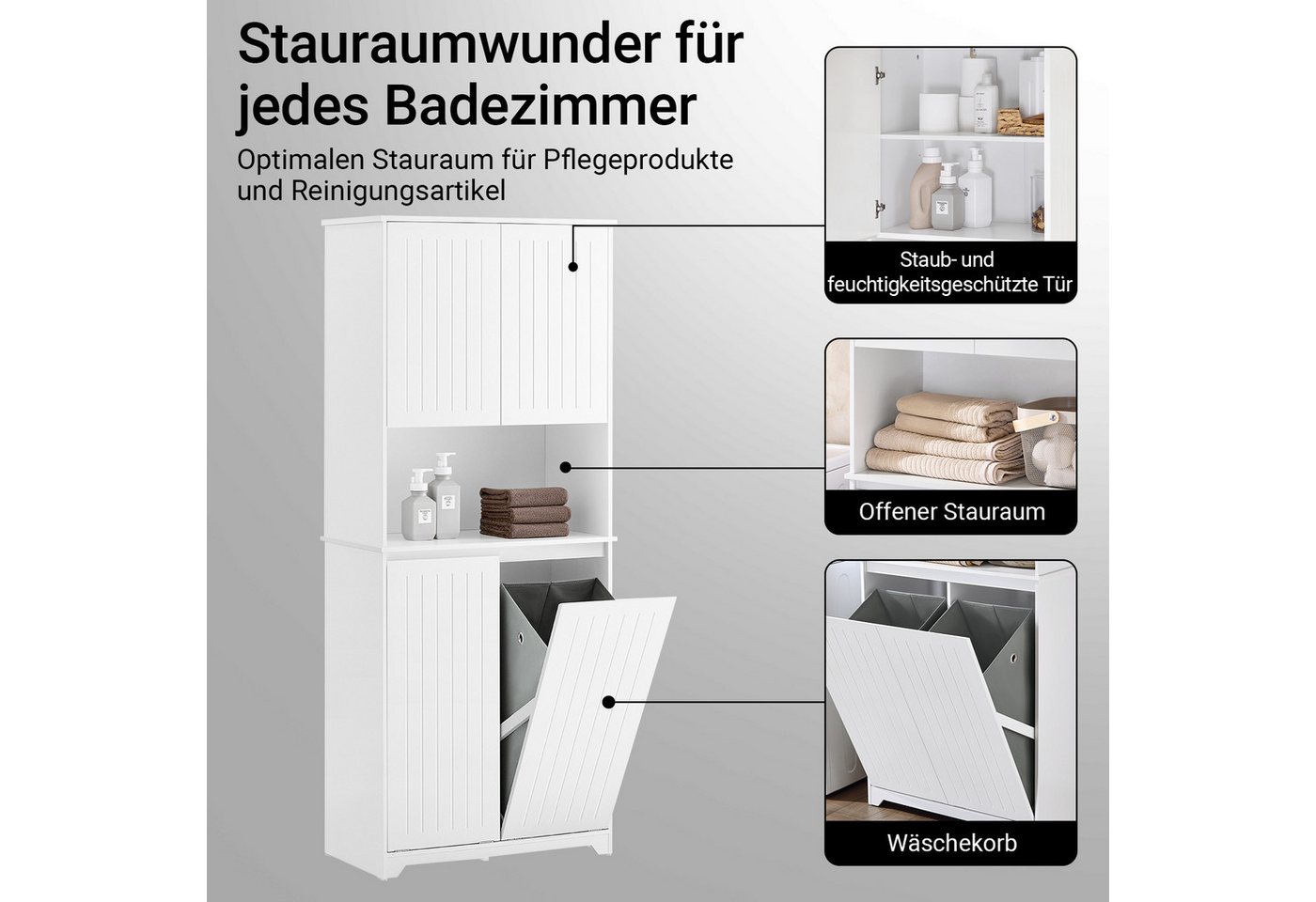 SoBuy Badkommode BZR150, Badschrank schmal, mit Regal, Platzsparendes Badmöbel Weiß, Badezimmerschrank mit Wäschesack Wäscheschrank Badschrank Hochschrank Bild 2