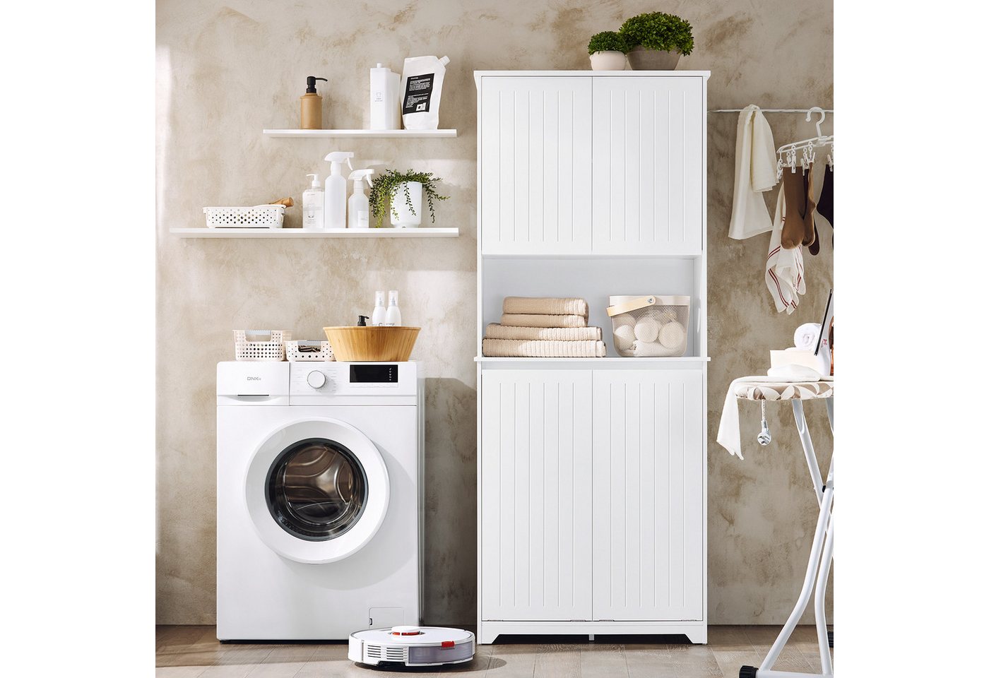 SoBuy Badkommode BZR150, Badschrank schmal, mit Regal, Platzsparendes Badmöbel Weiß, Badezimmerschrank mit Wäschesack Wäscheschrank Badschrank Hochschrank Bild 4