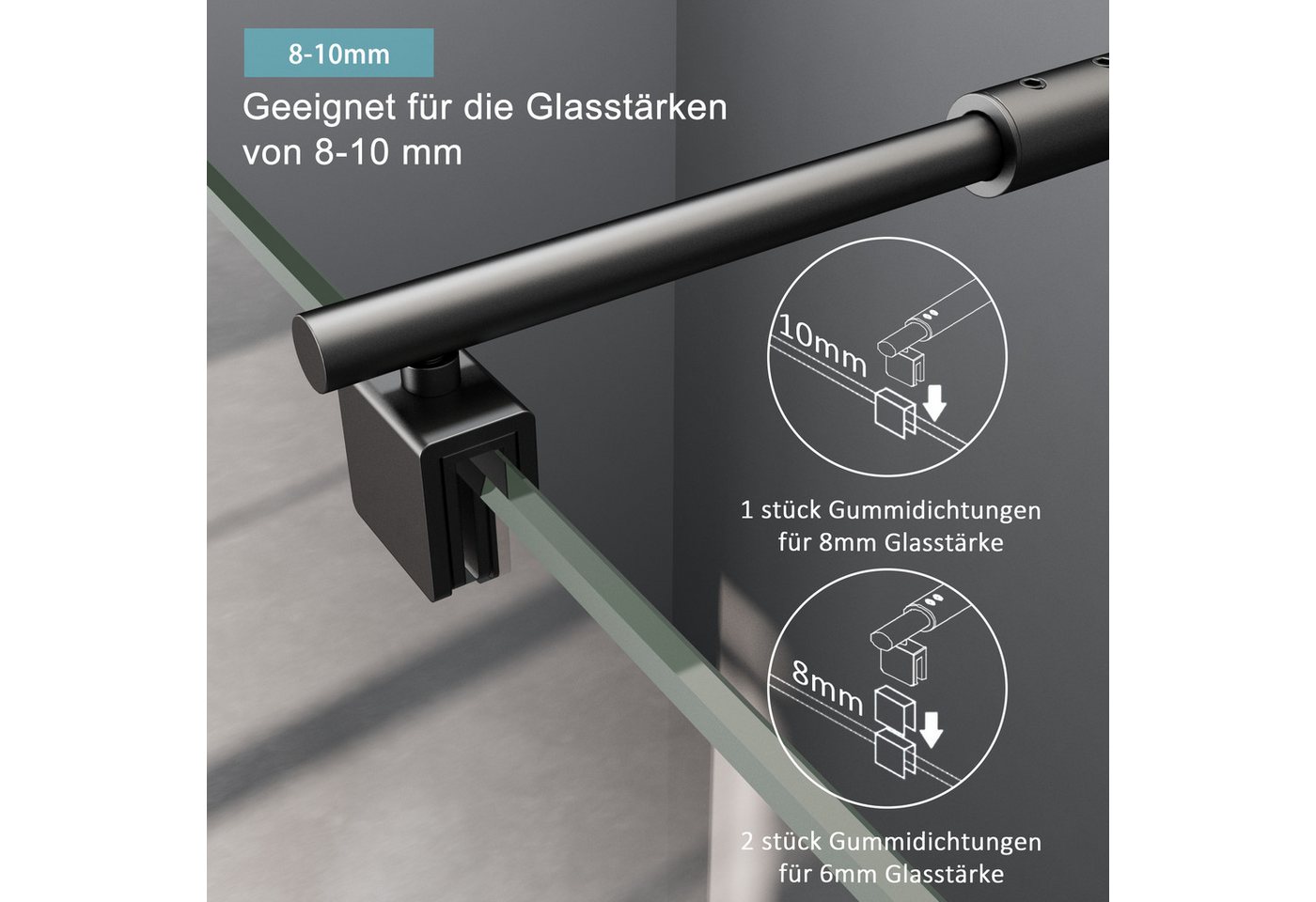 Boromal Duschwand-Stabilisationsstange Schwarz für 8-10mm haltestange duschwand 73-123cm 180° Drehbar, (Stabilisator, Rund), für Walk In Duschwand Duschabtrennung Duschkabinen