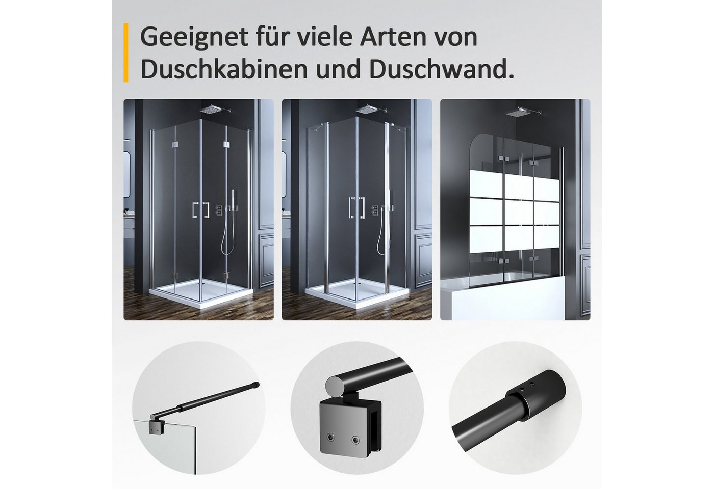 Boromal Duschwand-Stabilisationsstange Schwarz für 8-10mm haltestange duschwand 73-123cm 180° Drehbar, (Stabilisator, Rund), für Walk In Duschwand Duschabtrennung Duschkabinen Bild 3