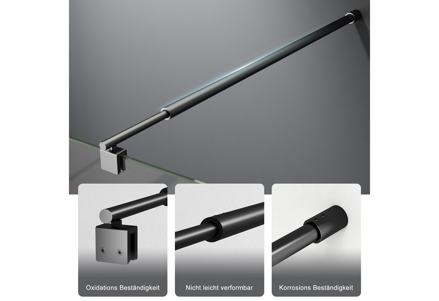 Boromal Duschwand-Stabilisationsstange Schwarz für 8-10mm haltestange duschwand 73-123cm 180° Drehbar, (Stabilisator, Rund), für Walk In Duschwand Duschabtrennung Duschkabinen Bild 4