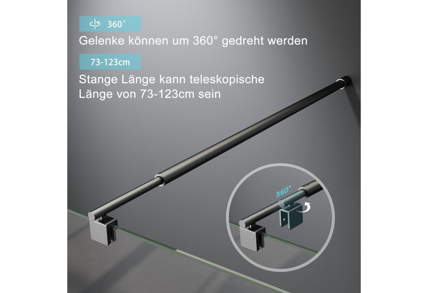 Boromal Duschwand-Stabilisationsstange Schwarz für 8-10mm haltestange duschwand 73-123cm 180° Drehbar, (Stabilisator, Rund), für Walk In Duschwand Duschabtrennung Duschkabinen Bild 5