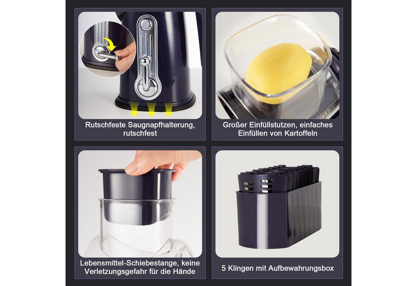 Rhein Beleuchtung Gemüsehobel 5-in-1 Rotationsreibe mit Kurbel & Saugnapf für Gemüse & Käse, 18/10 Edelstahl, Kunststoff, (Set, 1-St., Multifunktionaler Küchenhelfer, sicher & leicht zu reinigen), 5 auswechselbare Edelstahlklingen, rutschfester Standfuß