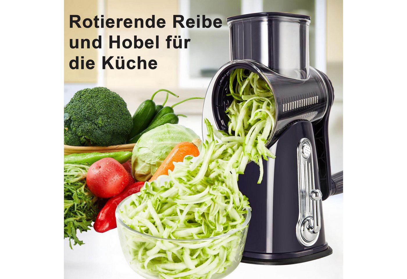 Rhein Beleuchtung Gemüsehobel 5-in-1 Rotationsreibe mit Kurbel & Saugnapf für Gemüse & Käse, 18/10 Edelstahl, Kunststoff, (Set, 1-St., Multifunktionaler Küchenhelfer, sicher & leicht zu reinigen), 5 auswechselbare Edelstahlklingen, rutschfester Standfuß Bild 2