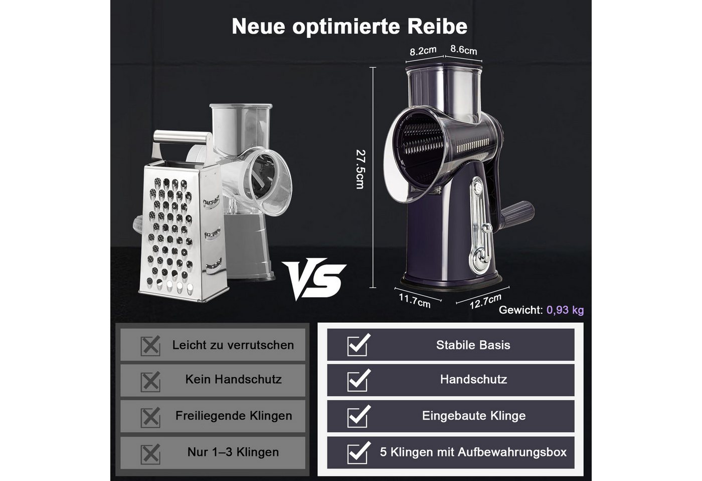 Rhein Beleuchtung Gemüsehobel 5-in-1 Rotationsreibe mit Kurbel & Saugnapf für Gemüse & Käse, 18/10 Edelstahl, Kunststoff, (Set, 1-St., Multifunktionaler Küchenhelfer, sicher & leicht zu reinigen), 5 auswechselbare Edelstahlklingen, rutschfester Standfuß Bild 3