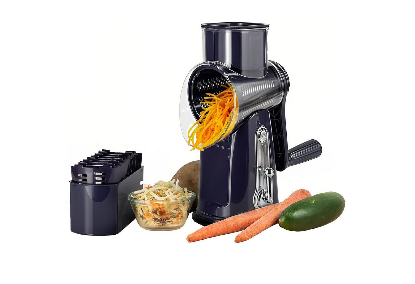 Rhein Beleuchtung Gemüsehobel 5-in-1 Rotationsreibe mit Kurbel & Saugnapf für Gemüse & Käse, 18/10 Edelstahl, Kunststoff, (Set, 1-St., Multifunktionaler Küchenhelfer, sicher & leicht zu reinigen), 5 auswechselbare Edelstahlklingen, rutschfester Standfuß Bild 4