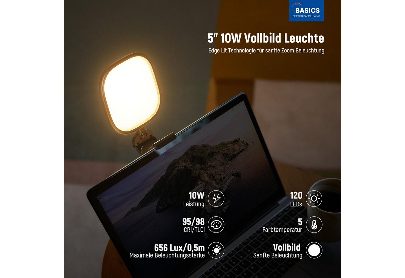 Neewer Videoleuchte NL10 12.7 cm 10W Monitor Ringlicht, Zweifarbig, mit Ständer, CRI95, USB LED Panel Videolicht Fotolicht für Video Laptop Webcam Streaming Bild 3