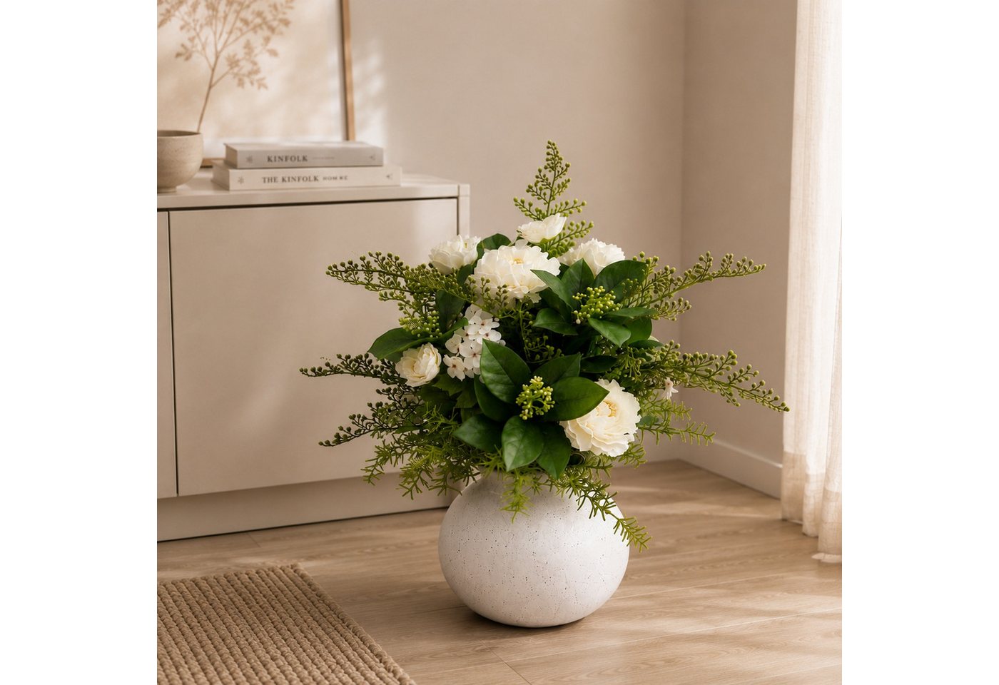 Kunstpflanze Blumengesteck Kunstblume weiß mit Vase künstlich, UNUS HOME, Höhe 63 cm, Kunstblume, Kunstpflanze, weiß