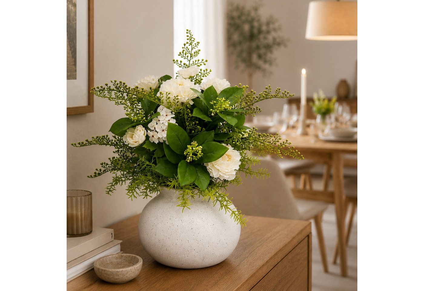 Kunstpflanze Blumengesteck Kunstblume weiß mit Vase künstlich, UNUS HOME, Höhe 63 cm, Kunstblume, Kunstpflanze, weiß Bild 2