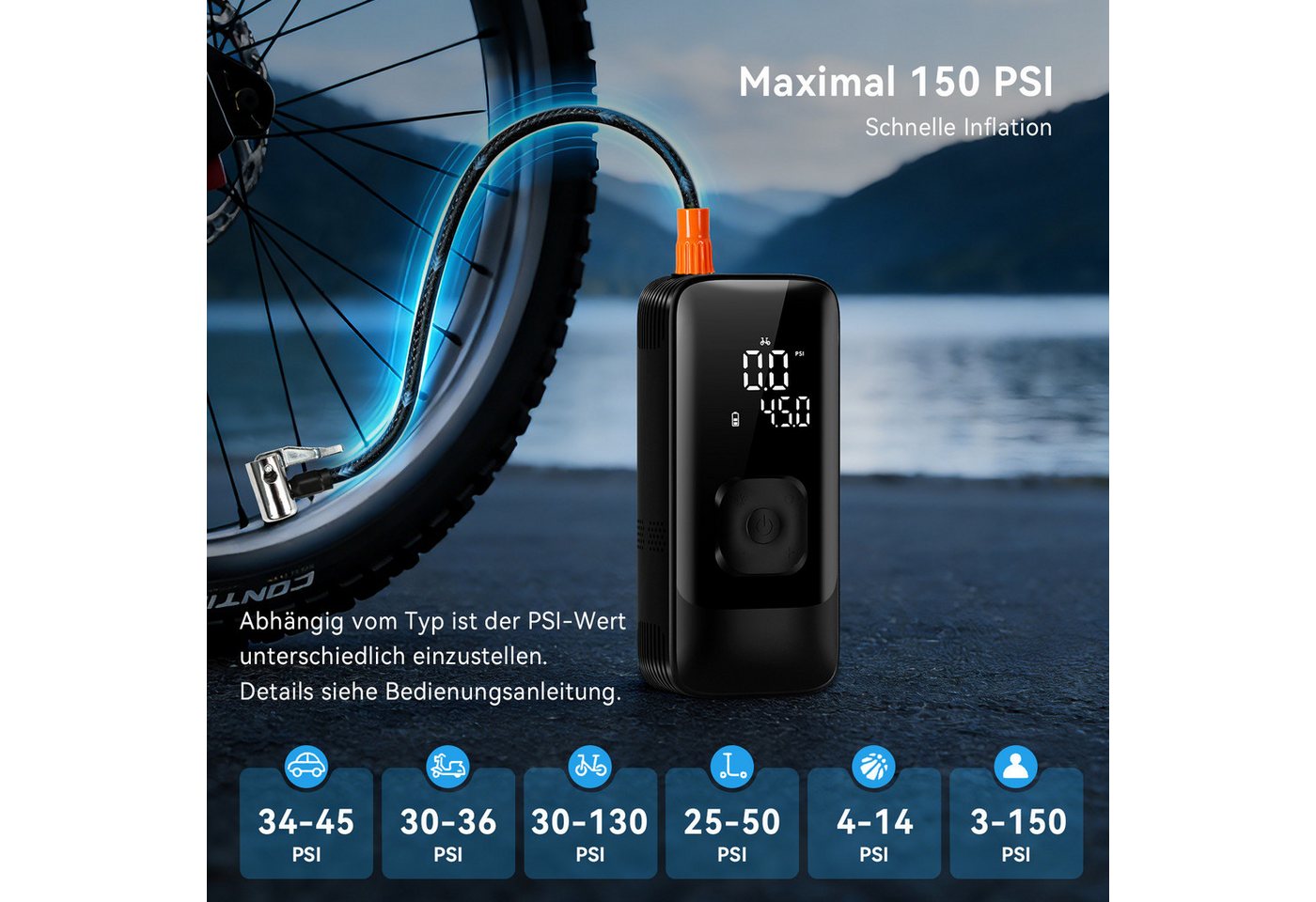 skelo Akku-Luftpumpe Elektrische Luftpumpe, elektrische Fahrradpumpe, 150 PSI, 4500 mAh (6-tlg., für Auto, Fahrrad, E-Bike, Motorrad und Bälle), Akku-Kompressor mit LED & LCD-Reifendrucküberwachung