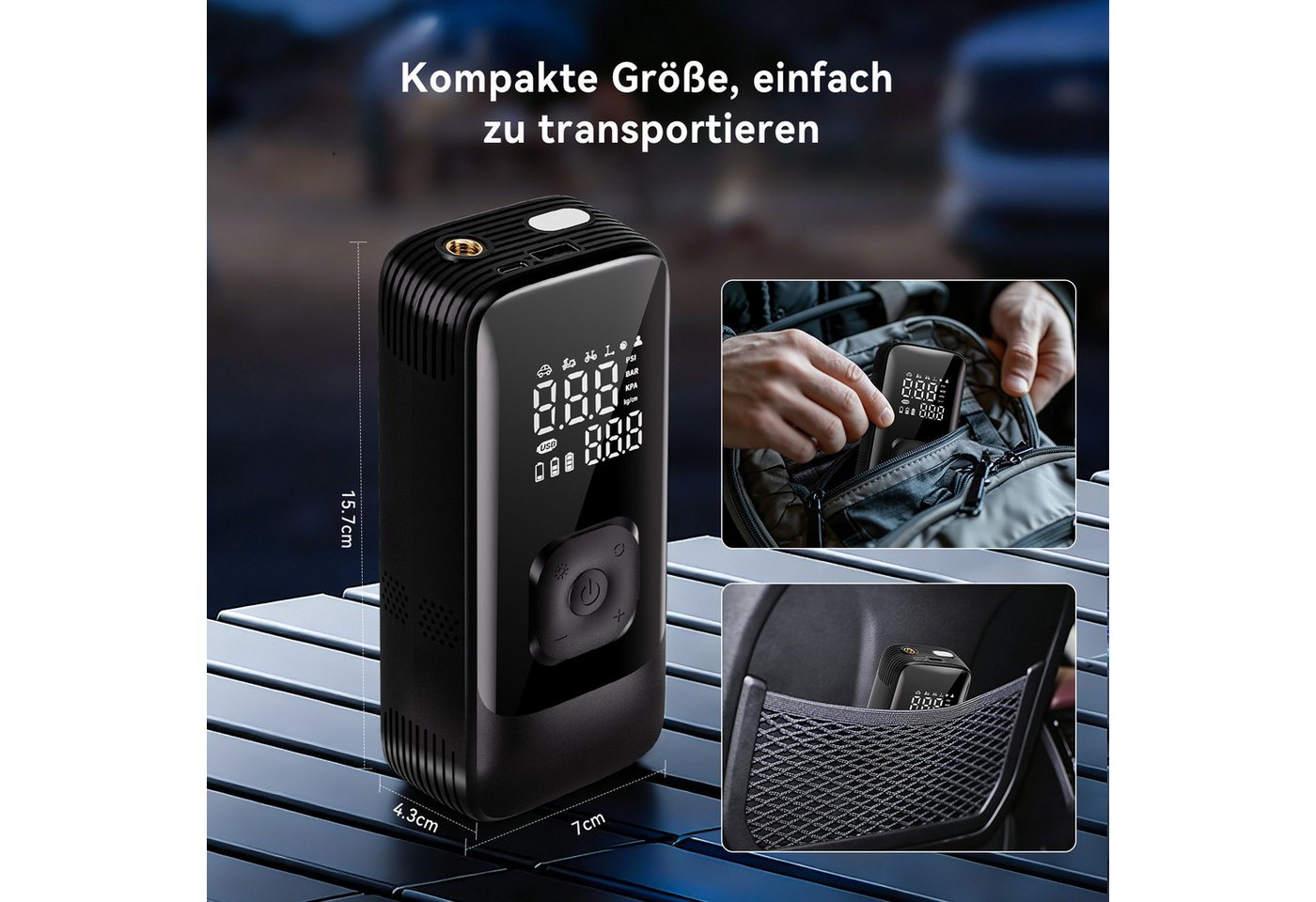 skelo Akku-Luftpumpe Elektrische Luftpumpe, elektrische Fahrradpumpe, 150 PSI, 4500 mAh (6-tlg., für Auto, Fahrrad, E-Bike, Motorrad und Bälle), Akku-Kompressor mit LED & LCD-Reifendrucküberwachung Bild 2