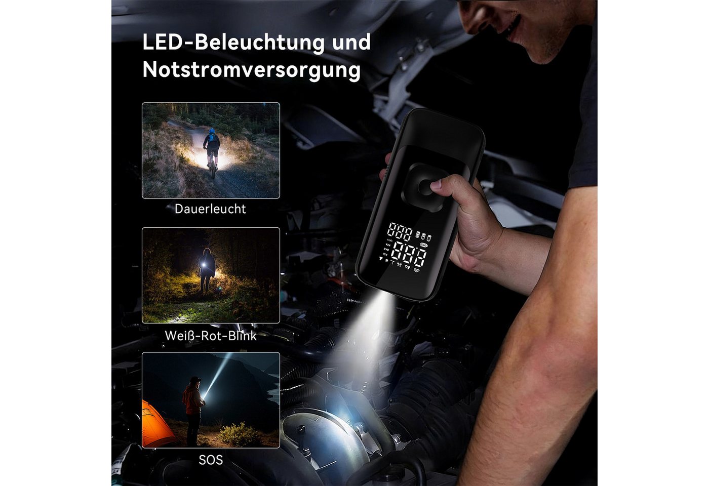 skelo Akku-Luftpumpe Elektrische Luftpumpe, elektrische Fahrradpumpe, 150 PSI, 4500 mAh (6-tlg., für Auto, Fahrrad, E-Bike, Motorrad und Bälle), Akku-Kompressor mit LED & LCD-Reifendrucküberwachung Bild 3